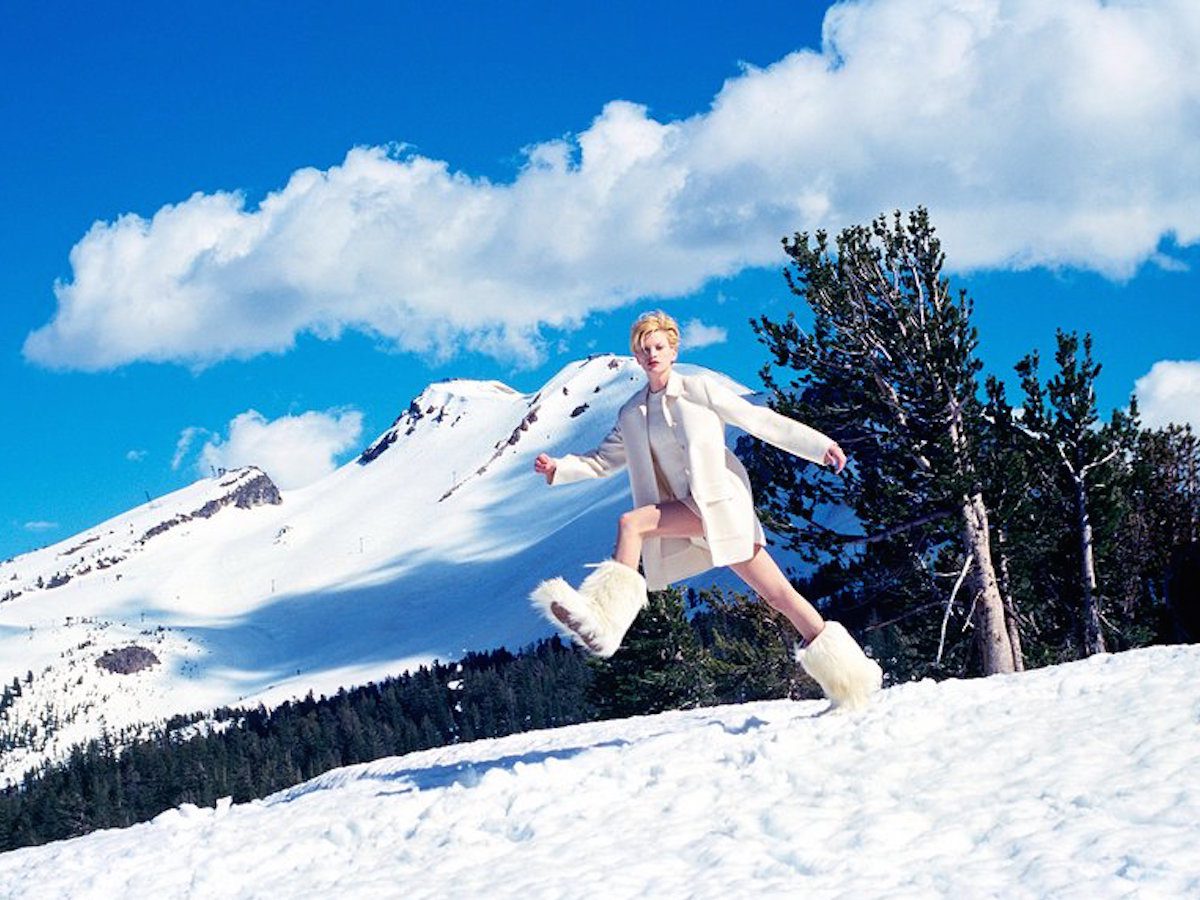 Kristen Mcmenamy photographed by Arthur Elgort for Vogue in 1995, Winter White, vickiarcher.com